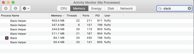 Activity Monitor showing memory usage for Slack and Discord