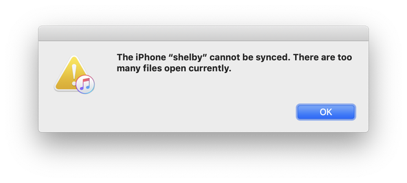 The iPhone "shelby" cannot be synced. There are too many files open currently.